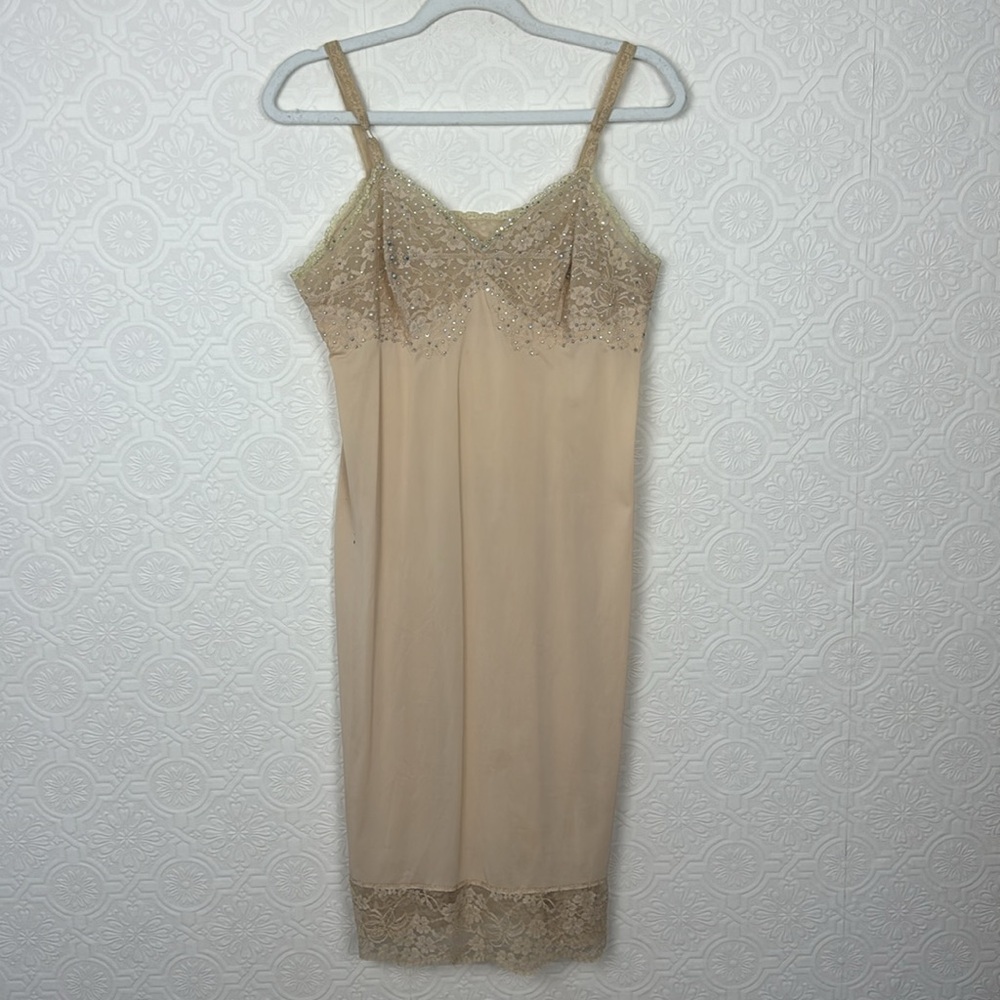 Vintage Slip‎ Dress Bedazzled Jewels Rhinestones Beaded Nude Shapewear Cream 80s